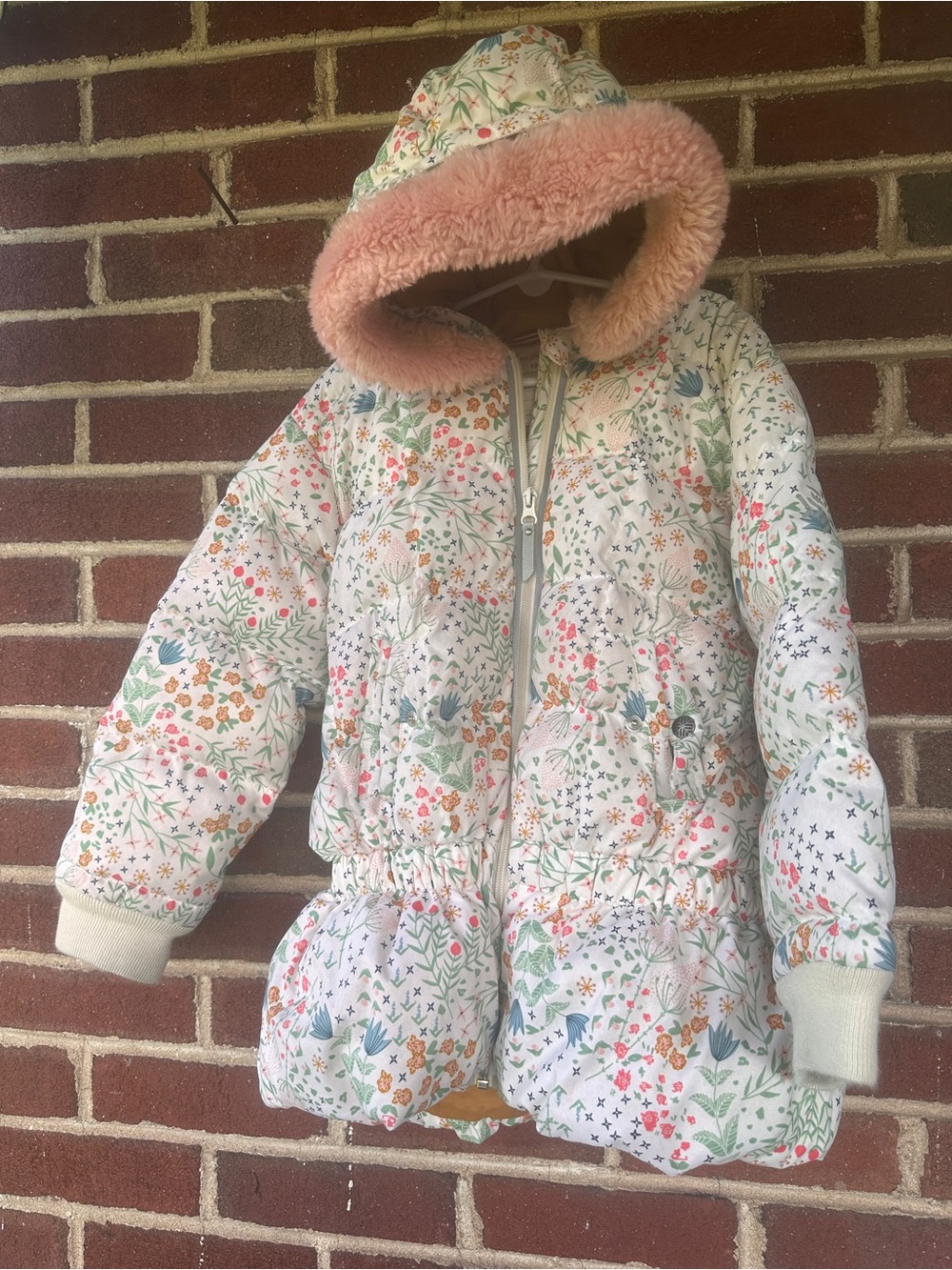 Hanna Andersson Kids Floral Puffer Jacket with Pink Faux-Fur Hood Winter Coat